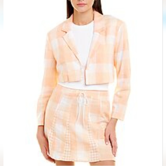 NWT For Love & Lemons Eugenie Linen-Blend Crop Blazer Orange Sherbert Plaid - Picture 1 of 8